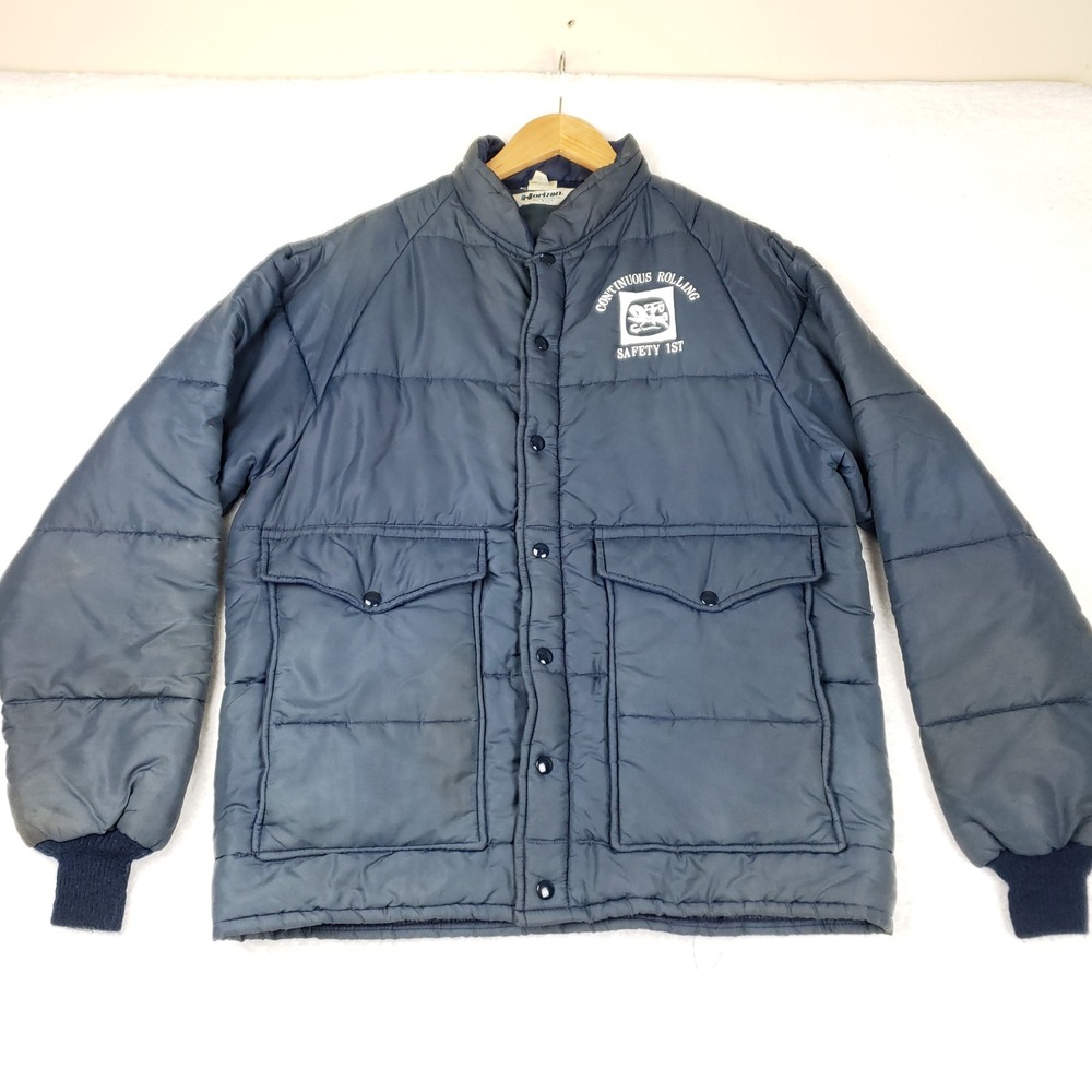 Vintage Horizon Sportswear Navy Puffer Jacket Continuous Rolling Safety 1st L